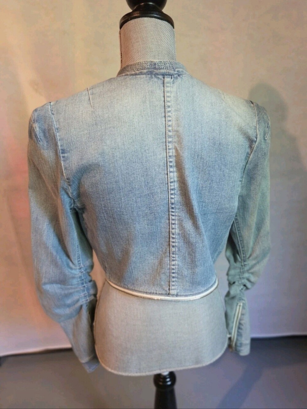 REBECCA TAYLOR Womens 12 Blue Denim Peplum Zip Accent Jacket Ruched Sleeves - Picture 5 of 12